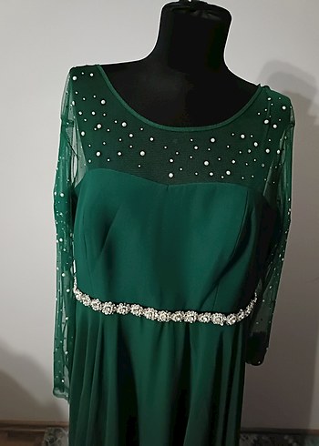 Uzun Kol Boncuk İşlemeli Yeşil Abiye Elbise - Görsel 3