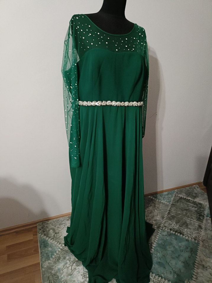 Uzun Kol Boncuk İşlemeli Yeşil Abiye Elbise - Görsel 2