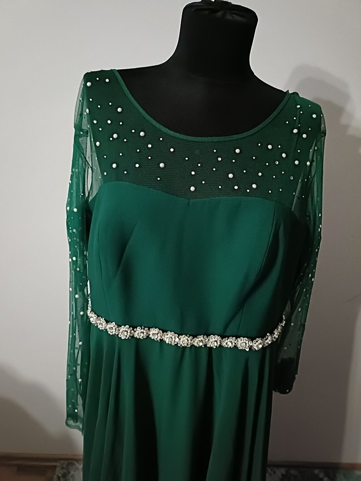 Uzun Kol Boncuk İşlemeli Yeşil Abiye Elbise - Görsel 3