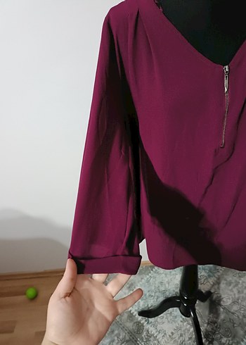 Bordo Fermuarlı V Yaka Kadın Bluz - Görsel 3