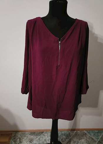 Bordo Fermuarlı V Yaka Kadın Bluz - Görsel 2