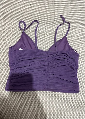 m Beden Mor V Yaka İnce Askılı Crop Top