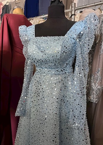 Uzun Kollu bebe mavisi Nakışlı Drape Abiye - Görsel 2