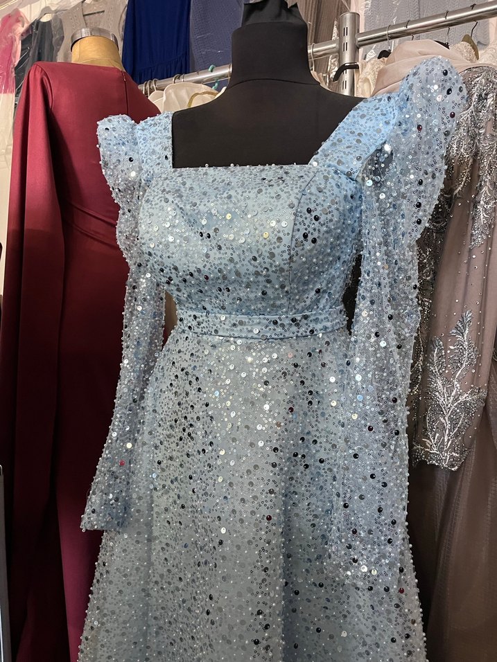 Uzun Kollu bebe mavisi Nakışlı Drape Abiye - Görsel 2