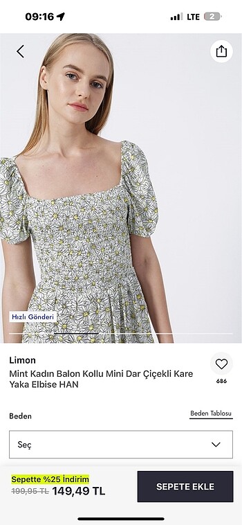 42 Beden haki Renk Boyner limon balon kol mini papatya desen elbise