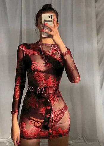 Diğer Kırmızı Yılan Desenli Mini transparan Elbise
