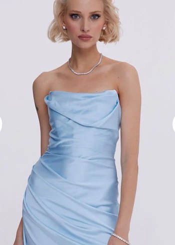 Gigiis Mavi Drapeli Uzun Straplez Abiye Elbise - Görsel 3