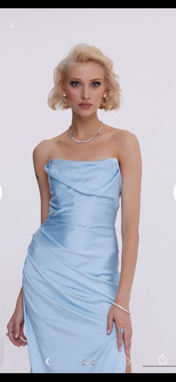 Gigiis Mavi Drapeli Uzun Straplez Abiye Elbise - Görsel 3