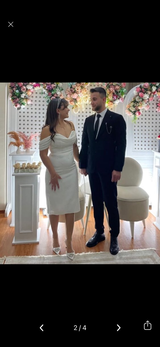 Carmen Ekru Krep İnci İşlemeli Midi Söz Elbisesi - Görsel 3