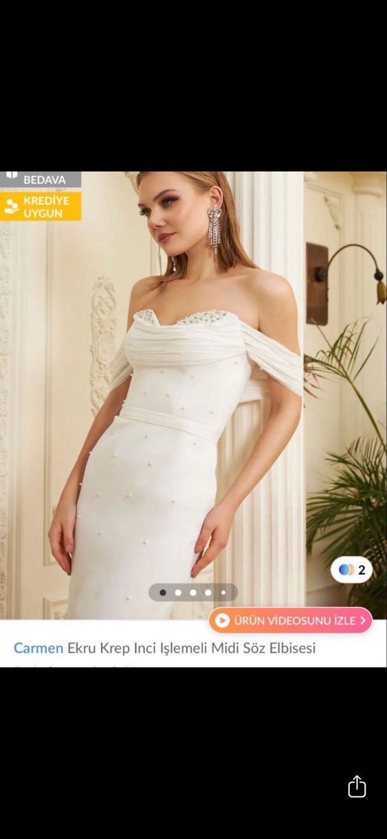Carmen Ekru Krep İnci İşlemeli Midi Söz Elbisesi - Görsel 2