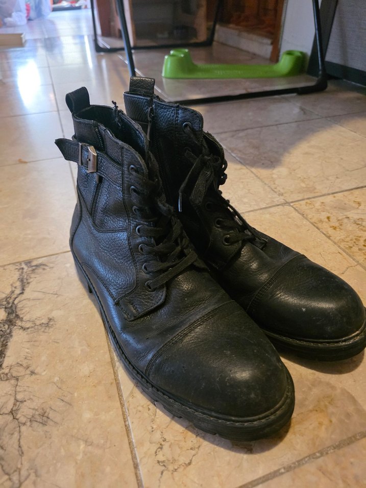 Tokalı Siyah Deri Erkek Biker Botları - Görsel 3