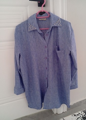 İnci Detaylı Düğmeli Denim Gömlek