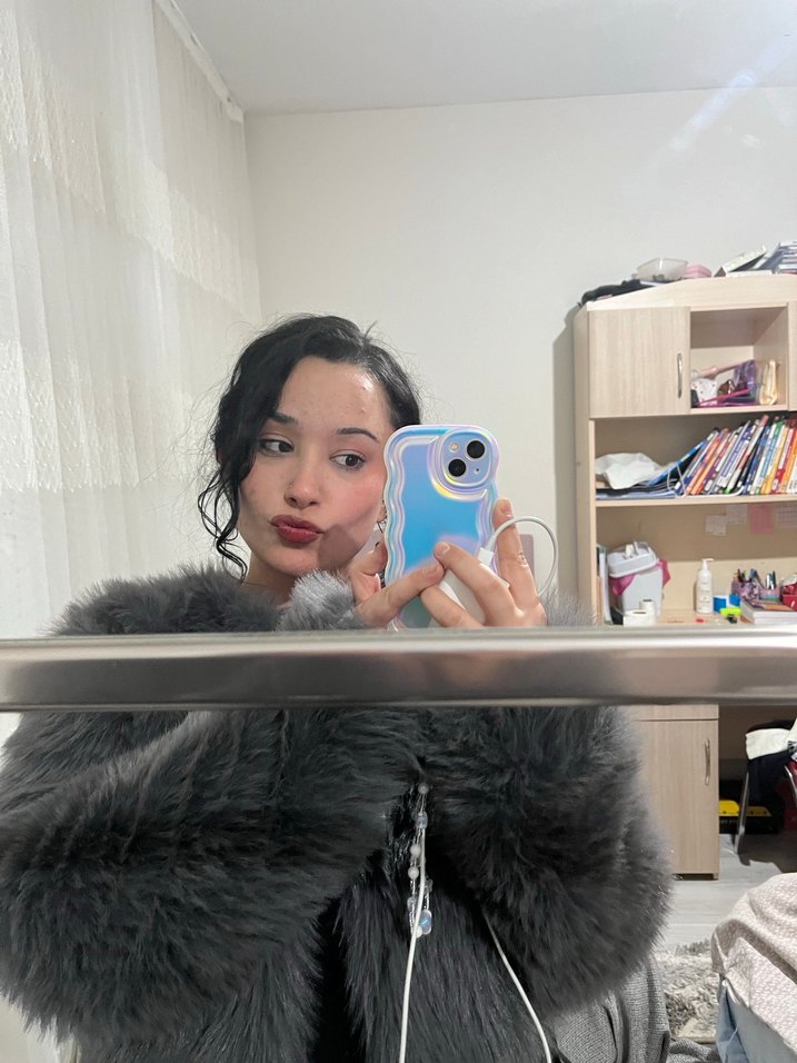 Antrasit bisiklet yaka kadın suni kürk - Görsel 5