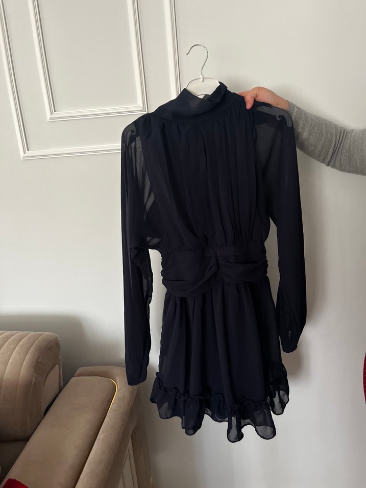 Lacivert Fırfırlı Midi Uzun Kollu Elbise - Görsel 3