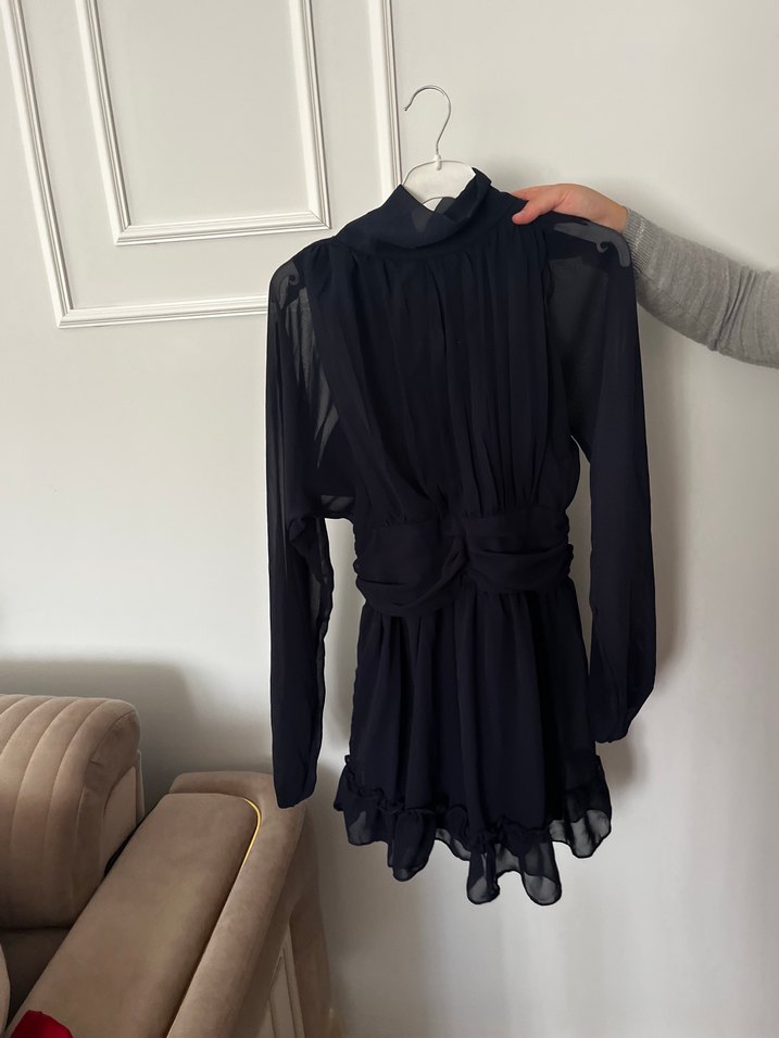 Lacivert Fırfırlı Midi Uzun Kollu Elbise - Görsel 2