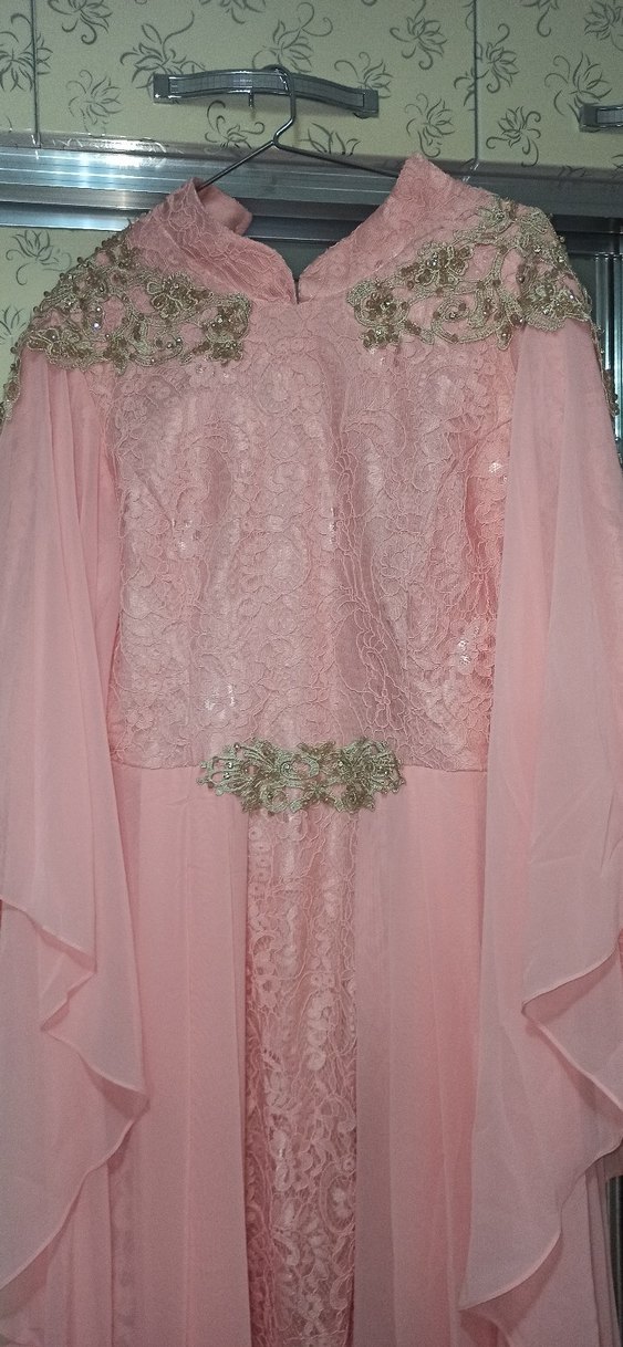 Pembe Nakışlı Uzun Drapeli tesettür Abiye Elbise - Görsel 2