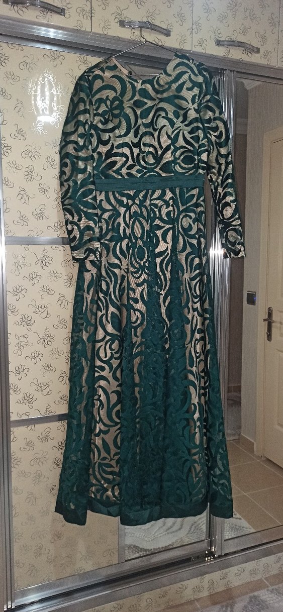 Yeşil Nakışlı Uzun Kollu Bohem Elbise - Görsel 2