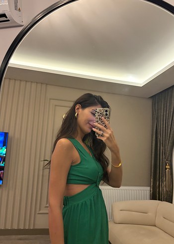 Diğer V Yaka Yeşil Saten Uzun Elbise