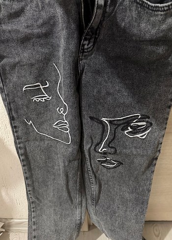 m Beden gri Renk Nakışlı Gri Bol Kesim Kadın Jean