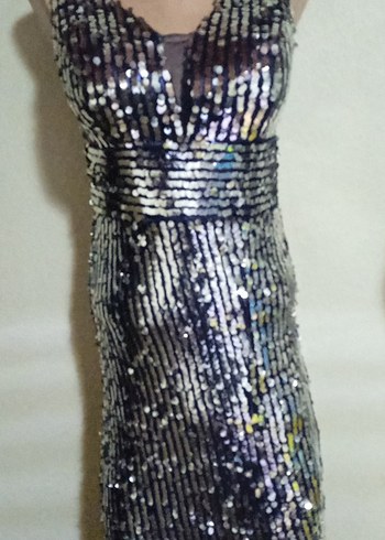 Parlak Yılan Desenli Uzun Abiye Elbise - Görsel 2