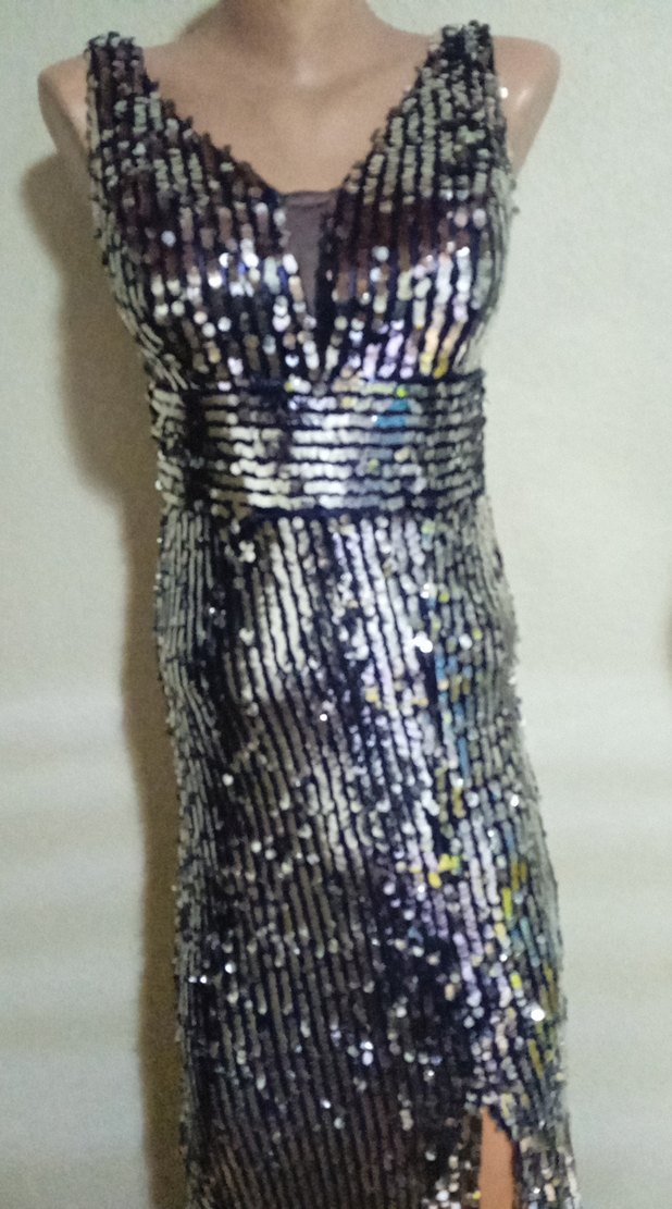 Parlak Yılan Desenli Uzun Abiye Elbise - Görsel 2