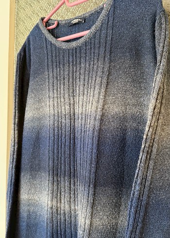 Gri mavi Batik Desenli Uzun Örgü Kazak - Görsel 2