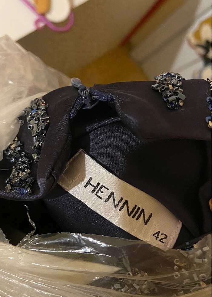 Lacivert kolları taşlı tesettür abiye elbise - Görsel 2