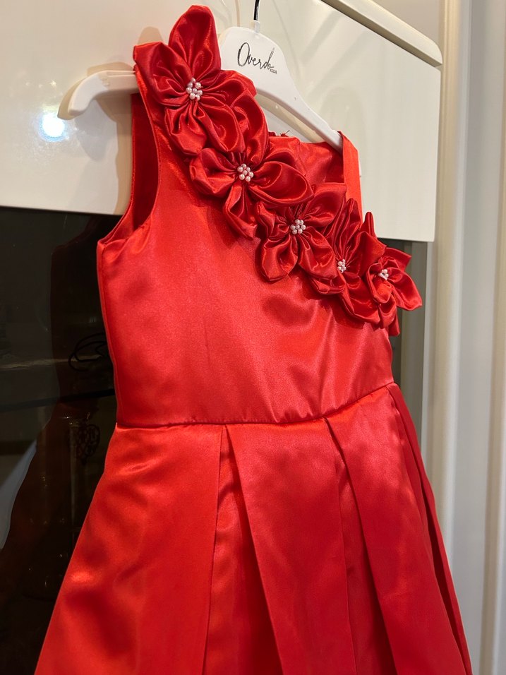 Kırmızı Nakışlı Kolsuz Kız Çocuk Elbise - Görsel 5