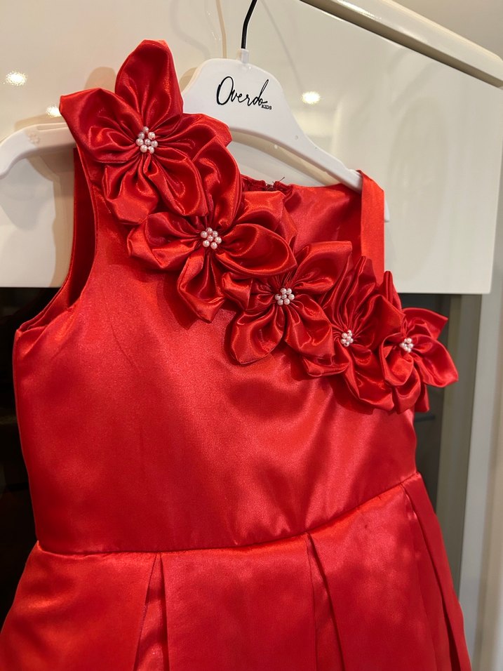 Kırmızı Nakışlı Kolsuz Kız Çocuk Elbise - Görsel 3