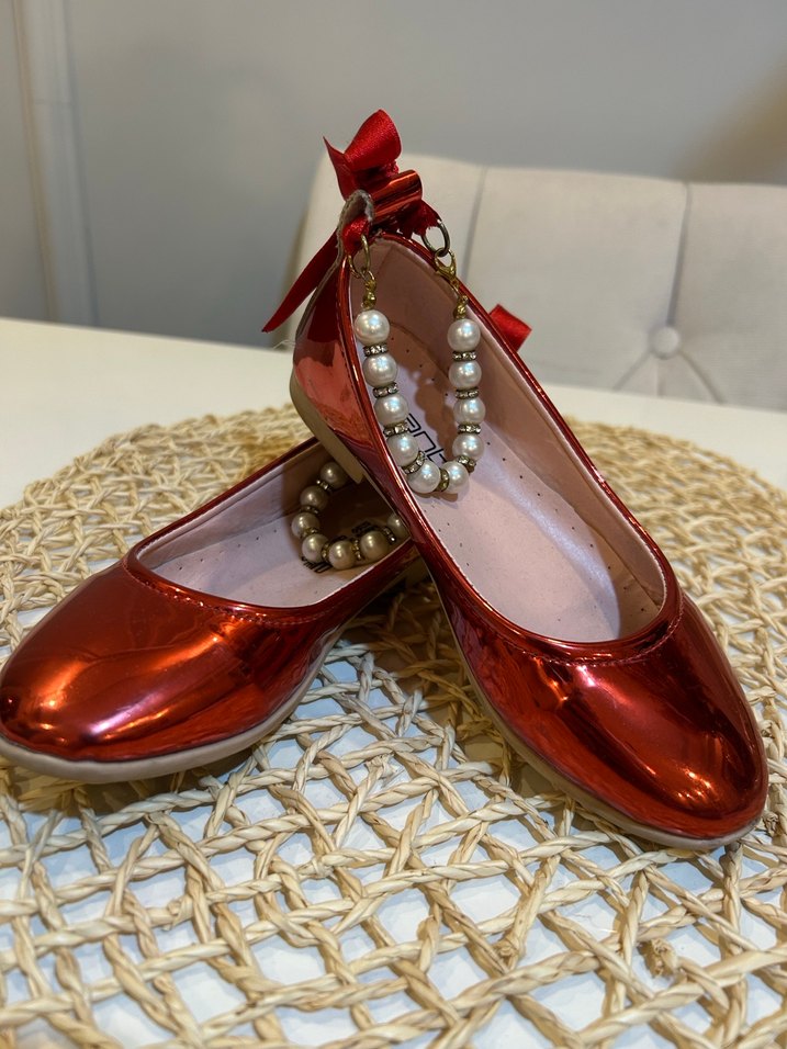 29 numara Kız Çocuk Kırmızı Parlak Boncuklu Babet - Görsel 2