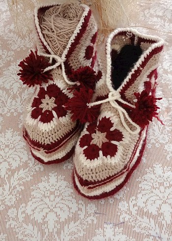 Bordo Nakışlı Örgü Kadın Terlik - Görsel 4