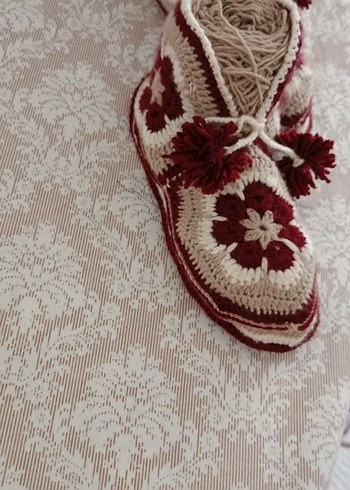 Bordo Nakışlı Örgü Kadın Terlik - Görsel 2