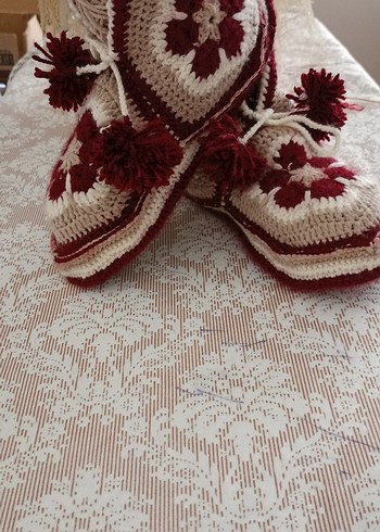 Bordo Nakışlı Örgü Kadın Terlik - Görsel 5