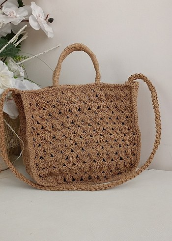 Dantel Detaylı Kahverengi Örgü Bohem Çanta - Görsel 5