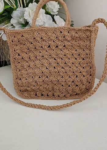 Dantel Detaylı Kahverengi Örgü Bohem Çanta - Görsel 9