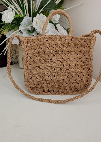 Dantel Detaylı Kahverengi Örgü Bohem Çanta - Görsel 7