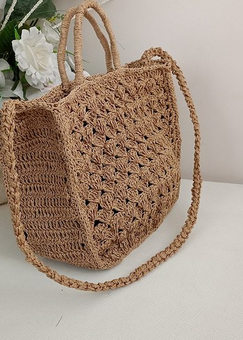 Dantel Detaylı Kahverengi Örgü Bohem Çanta - Görsel 6