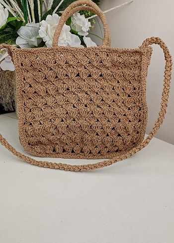 Dantel Detaylı Kahverengi Örgü Bohem Çanta - Görsel 8
