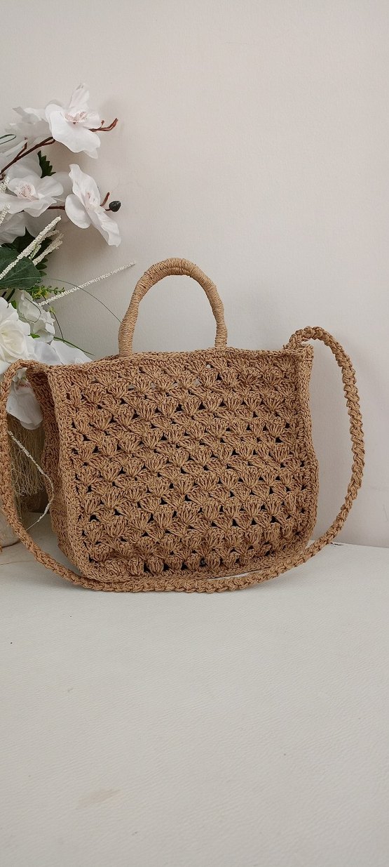 Dantel Detaylı Kahverengi Örgü Bohem Çanta - Görsel 5