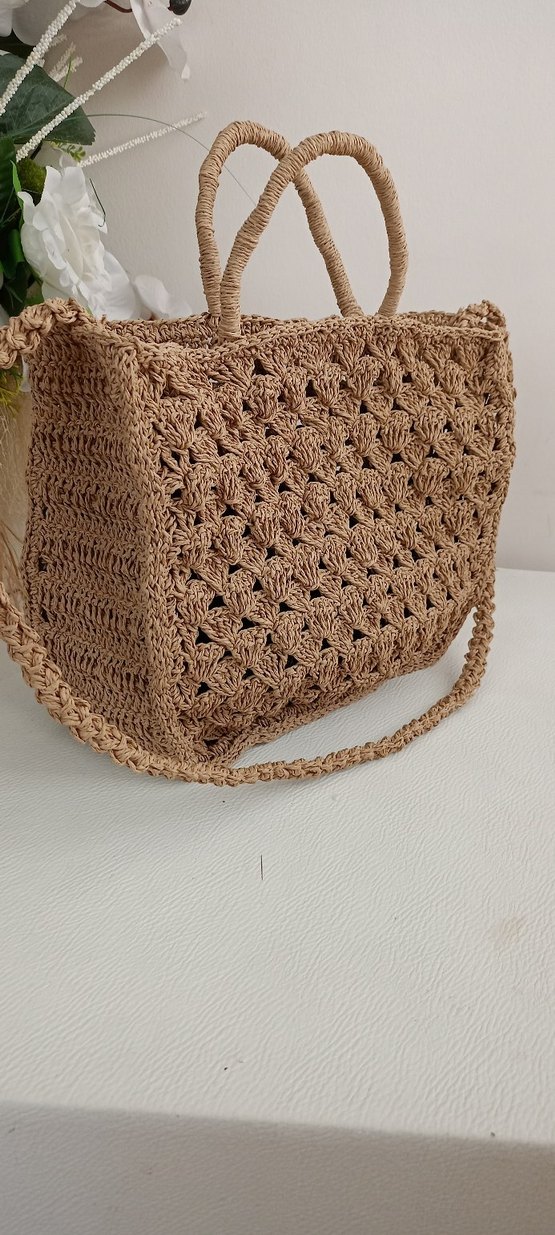 Dantel Detaylı Kahverengi Örgü Bohem Çanta - Görsel 2