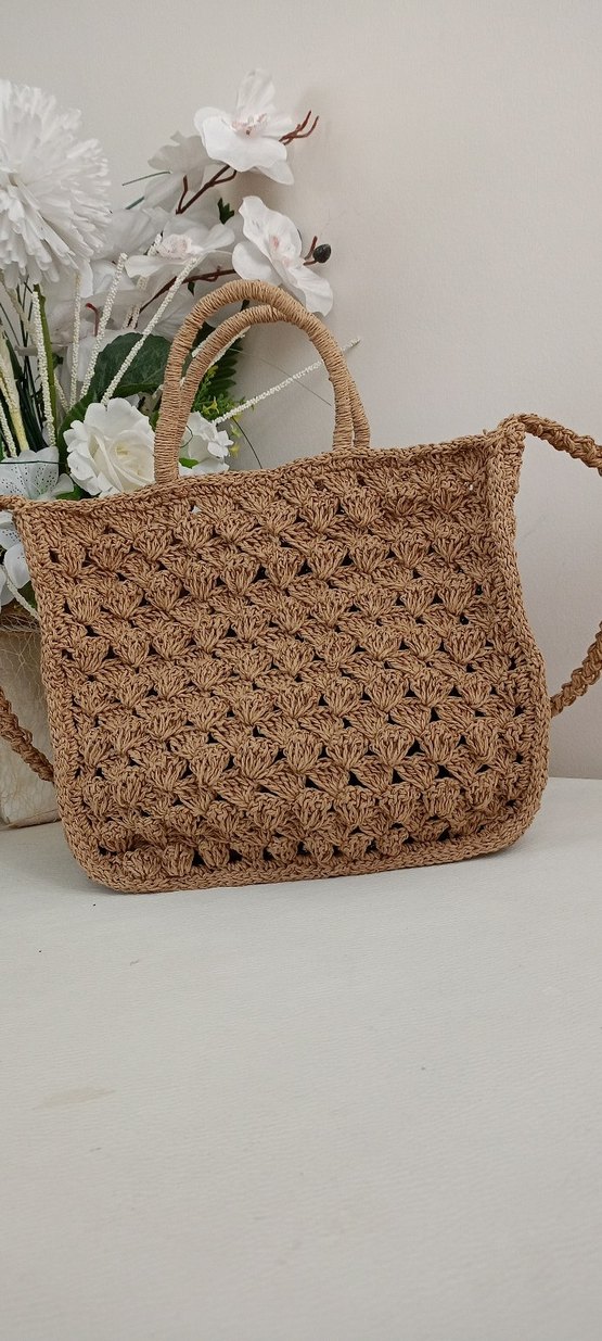 Dantel Detaylı Kahverengi Örgü Bohem Çanta - Görsel 3