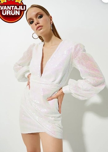 Uzun Kollu Drapeli Beyaz Mini Elbise - Görsel 2