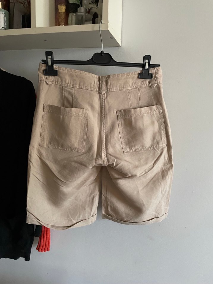 Collezione Bej Keten Pamuk Bermuda Şort - Görsel 3