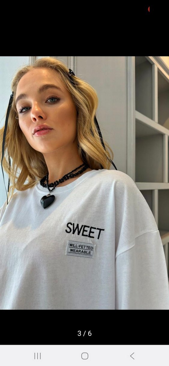 Beyaz Pamuklu Oversize Tişört "SWEET" Baskılı - Görsel 3