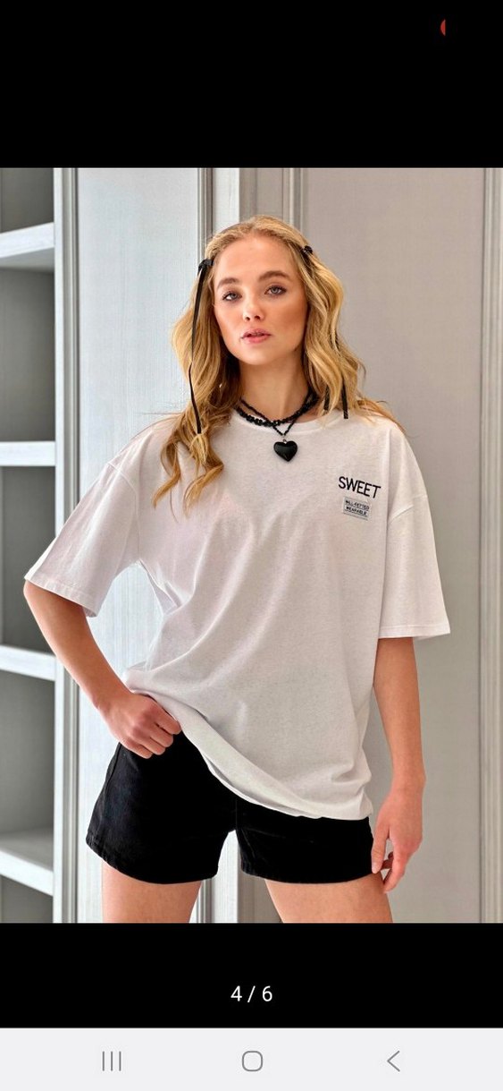 Beyaz Pamuklu Oversize Tişört "SWEET" Baskılı - Görsel 4