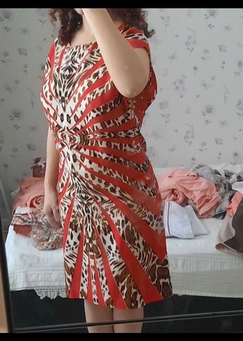 Kırmızı Zebra Desenli Midi Bohem Elbise - Görsel 2
