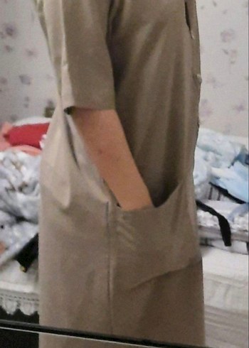 Bej Midi Düğmeli Rahat Kesim Elbise - Görsel 4