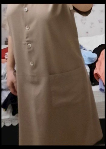 Bej Midi Düğmeli Rahat Kesim Elbise - Görsel 2