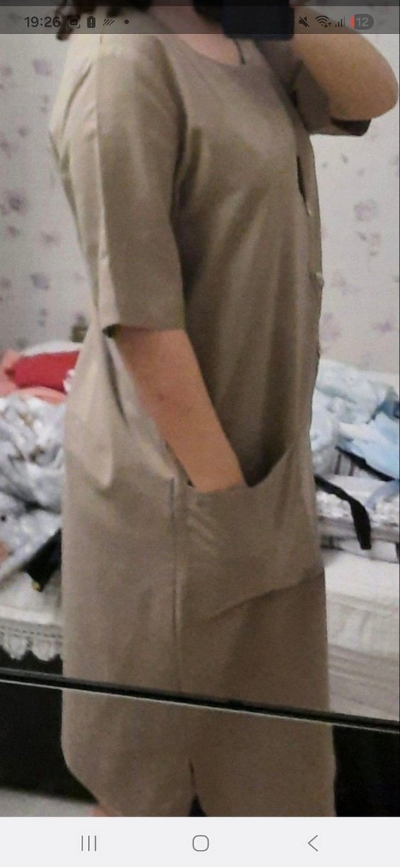 Bej Midi Düğmeli Rahat Kesim Elbise - Görsel 4