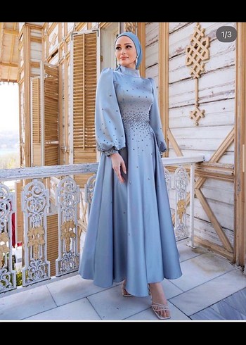 Mavi İşlemeli Uzun Kollu Uzun Abiye Elbise - Görsel 5